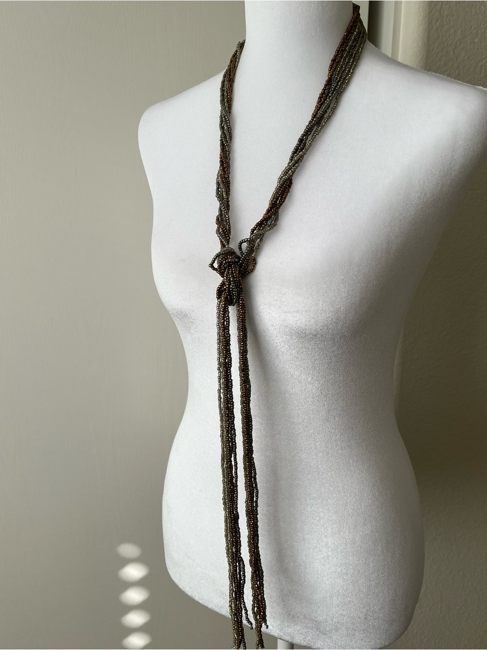 Erica Lyons Seed Bead Metallic Tones Y Drop Necklace Long 60”